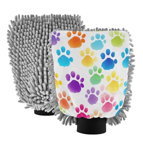 ALAZA Rainbow Dog Paw Prints Car Wash Mitt Scratch Free, 2 Pack Absorbent Microfiber/Chenille Washing & Drying Mitts, L