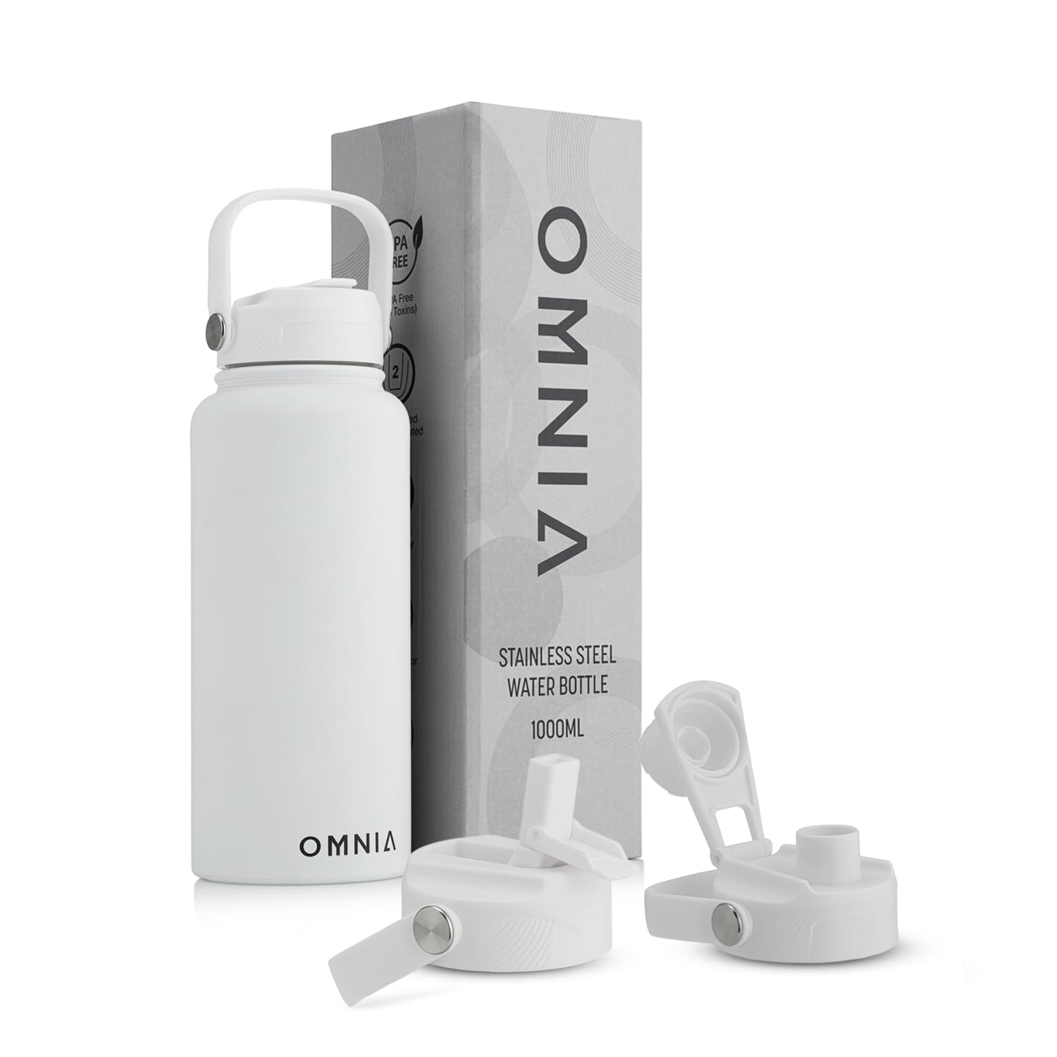 OMNIA NUTRIENTS Vacuum Insulated Stainless Steel Water Bottle, 2 Lids (Straw & Spout) Leakproof, BPA-Free, Reusable Flask Ideal for Travel and Outdoors (White - 1000 ml)