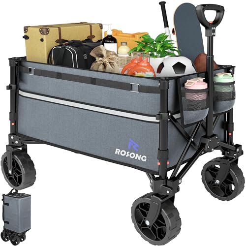 Image of ROSONG Collapsible Wagon Cart with Wheels Foldable - Folding Utility Heavy Duty Wagons Carts for Grocery Sports Garden Shopping Camping Grey