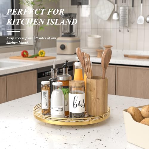 Image of Premium Rubber Wood Lazy Susan Turntable, Glod White Checkerboard Decorative Serving Tray, Hand-Welded Metal Railing, Stable Rotating Organizer for Dining Table, Kitchen Counter, Coffee Table Decor