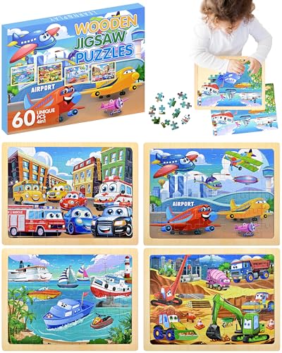 SAYHALO Puzzle in legno per bambini, set da 4 pezzi, 60 pezzi, puzzle in legno a partire dai 3 anni, con motivi del veicolo (auto, aereo, nave, veicoli da costruzione), giocattolo educativo per