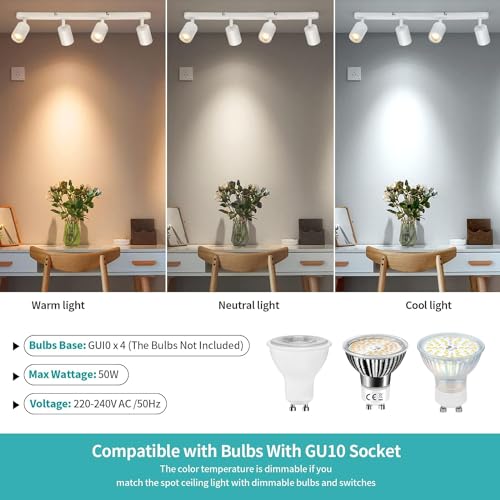 wowatt LED Deckenstrahler 4 Flammig, Deckenlampe Weiß Schwenkbar GU10, Spotleuchte Wandspot Deckenleuchte Drehbar, Spotlight Lampe Deckenspots für Küche, Schlafzimmer, Wohnzimmer (Ohne Leuchtmittel)