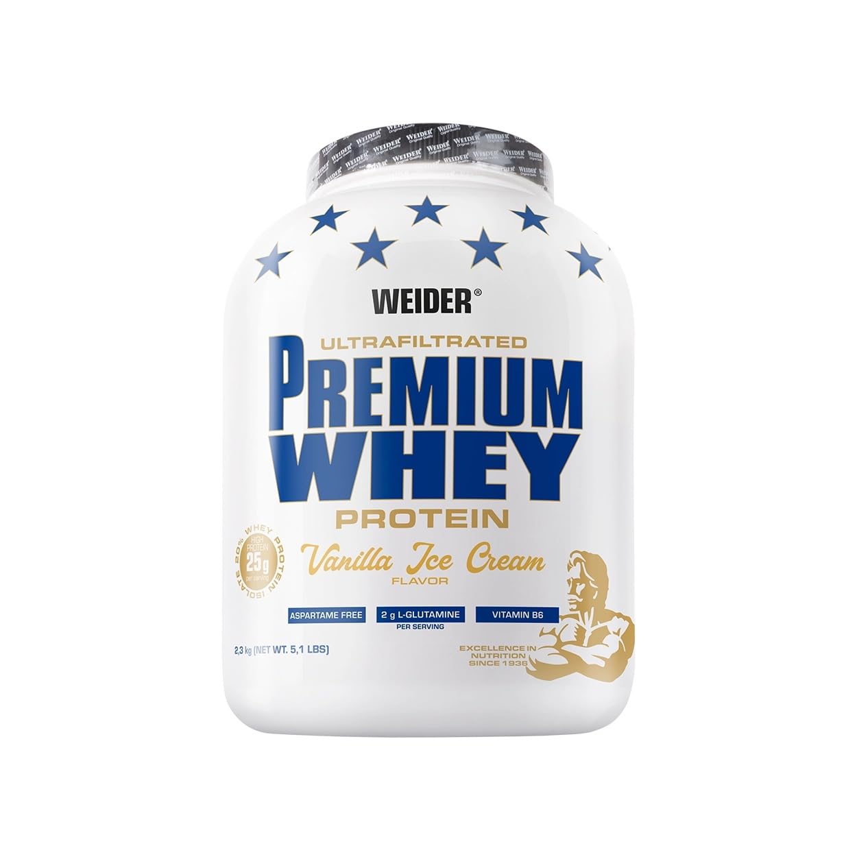 Weider Premium Whey Protein Pulver - Hoher Proteingehalt, wenig Kohlenhydrate & wenig Fett mit L-Glutamin und Vitamin B6-2,3kg - Vanilla Ice-Cream