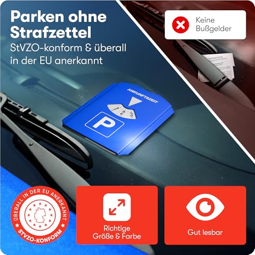 PURAHELP® 5-in-1 Parkscheibe inkl. Einkaufswagenchip, Reifenprofilmesser und Eiskratzer (StVO konform) - Parkuhr Auto und Motorrad - Parkkarte - Parking disc