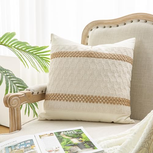 Image of Mayler Yee Throw Pillow Covers 20 x 20 Inch 1PC for Farmhouse Living Room, Cotton & Burlap Textured Striped Woven Boho Pillow Covers (Beige & Brown, Double Striped)