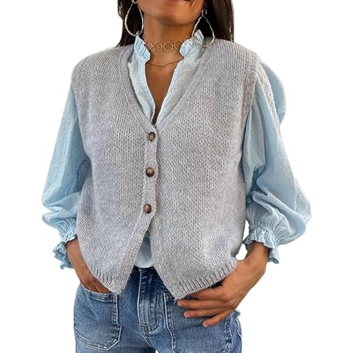 Image of Women's Y2K Button-up Knit Top Coquette Vintage Sweater Vest Fairy Grunge Solid Color Crew Neck Knit Waistcoat (D Gray, M)