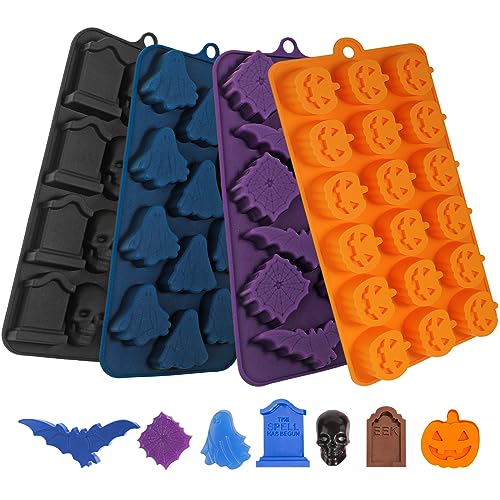Webake Halloween Chocolate Mold Shaped with Pumpkin Jack-O-Lantern Skull Tombstone Ghost Bat and Spider Halloween Silicone Molds for Chocolate Candy Ice Cube Jello Soap Pack of 4