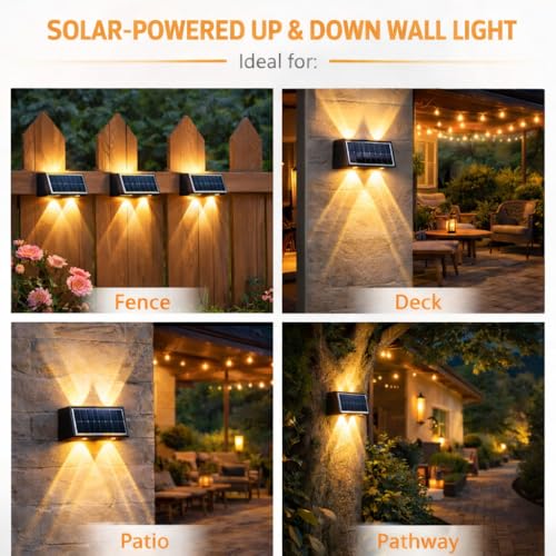 Image of Gesto 4W Solar Wall Lights Outdoor Waterproof IP65, Warm White Up & Down Wall Lamp with 1200mAh Battery, Auto ON /Off Dusk to Dawn, Exterior Light for Garden Fence Gate Patio Pathway Elevation Balcony