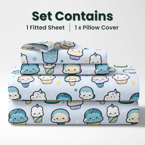 Image of LORETO - A QUALITY LINEN BRAND 144 TC 100% Pure Cotton Single Fitted Bedsheet with 1 Pillow Cover for 72 x 36 Inch Mattress, All-Around Elastic, 8 Inch Deep Pocket, Kawaii Pastel Sky Drinks