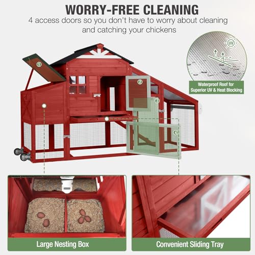 Image of Mobile Chicken Coop with Run, Large Wooden Hen House Poultry Cage with Wheels, Nesting Box, Pull-Out Tray, Waterproof Roof, Red, 73.4 inch L x 27.9 inch W x 43.2 inch H, for 3-5 Chickens