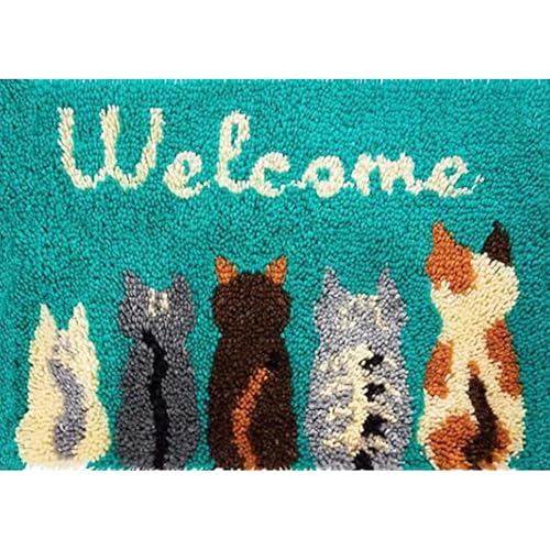 Image of Howie's Latch Hook Kit, DIY Cats Rug Crochet Yarn Kits for Adults, Color Preprinted Pattern Embroidery Decoration (Cats-Welcome, 19.69 x 14.96 inch)