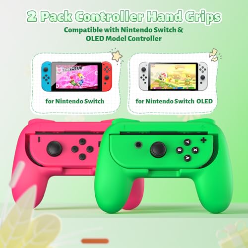Image of FASTSNAIL Grips Compatible with Nintendo Switch for Joy Con & OLED Model for Joycon, Wear-Resistant Handle Kit Compatible with Joy Cons Controllers, 2 Pack(Green and Pink)