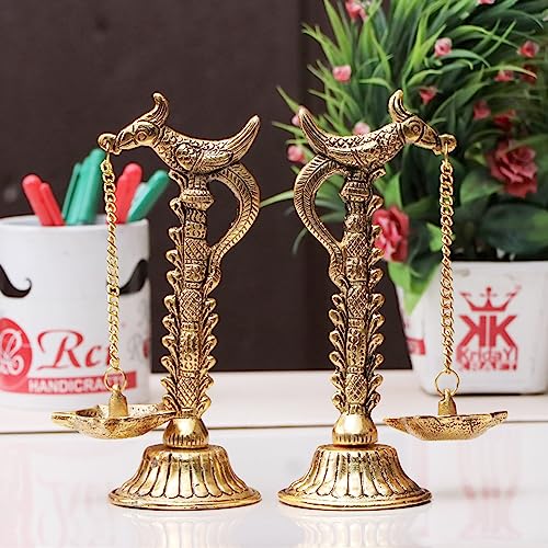 Image of Kridaykraft Parrot Design Metal Hanging with Chain Diya Pair of Parrot Design Bird Diya Deepak Oil Lamp Metal Gold Finish