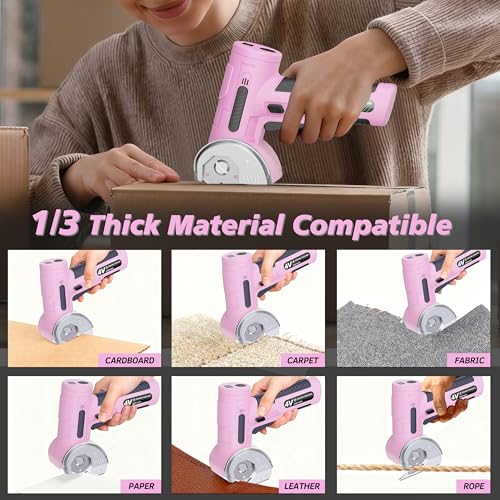Image of Upgraded Cordless Electric Scissors, Wider Opening with Large 1.84 inchTungsten Blade, 1 /3 inch Max Cutting & LED Display, 320RPM, Heavy-Duty Rotary Cutter for Cardboard, Fabric, Leather & DIY - Pink