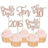 24 Pièces 10e Anniversaire Cupcake Toppers Glitter Dix Depuis 2015 Double Digits 10 Cupcake Picks Bonjour 10 Ans Décorations de Gâteaux D'anniversaire pour Joyeux 10e Anniversaire Fête Or Rose