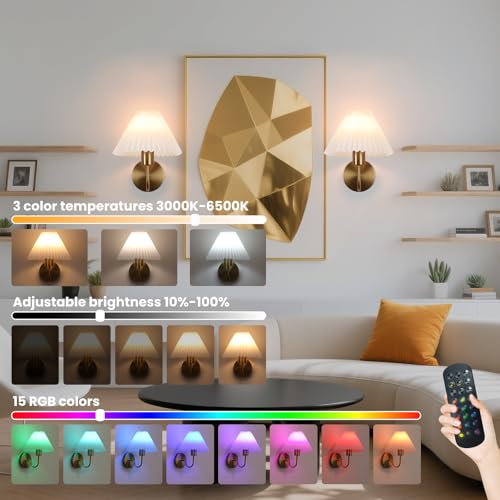 Image of Rechargeable Battery Operated Wall Sconces Set of 2 Brushed Brass Wall Lights with Remote Dimmable Pleated Shades Wall Lamp 15 Colors Wireless Bathroom Vanity Light for Bedroom Living Room Hallway