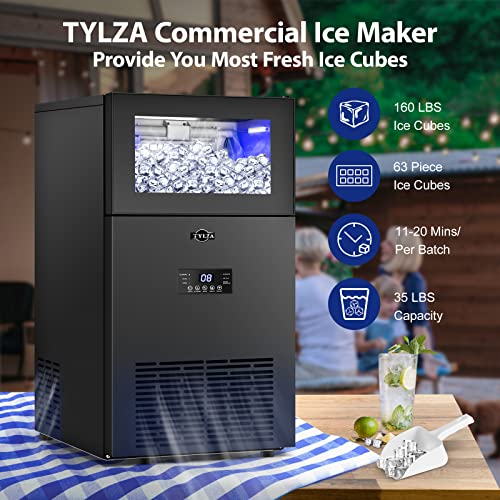 Tylza Commercial Ice Maker Under Counter, 130Lbs/24H With 35Lbs Ice Storage Capacity, 15 Inch Wide Stainless Steel Commercial Ice Machine Freestanding/Built-In Large Ice Machine(Black) #TOP2
