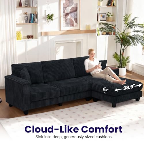 Image of 114 inch Cloud Sectional Couch with L-Shape Reversible Chaise, Modern Corduroy L Shaped Couch with 2 Pillows & Storage Armrests, 4 Seater Sectional Couches for Living Room, Plush Corduroy, Black