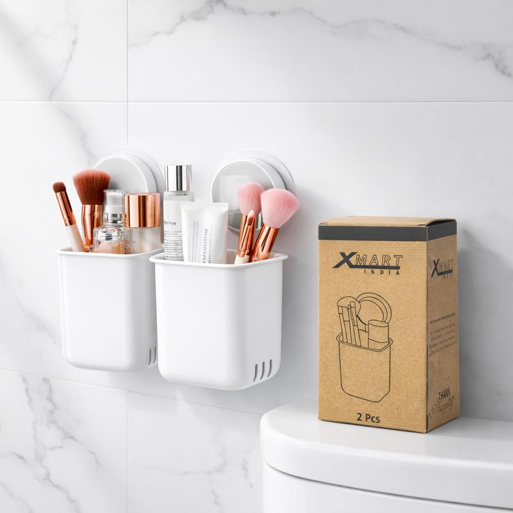 Xmart India Wall-Mounted Toothbrush Holder - Self-Adhesive Bathroom Organizer for Toothbrushes, Toothpaste, Shavers, and Makeup Brushes - Plastic Toothbrush Stand(2 Pcs)