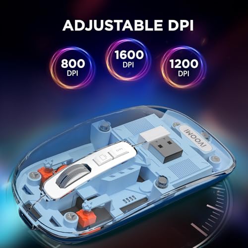 Image of iVOOMi Opaque Blue Rechargeable Wireless Mouse, Dual Mode (2.4GHz + BT), Dual Bluetooth, Silent Operation, Transparent Body, RGB, Battery Indicator, Compatible with Win /Mac /Linux /Android