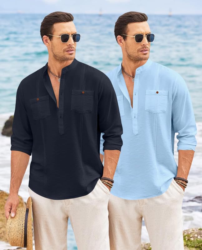 Image of Macsivo Combo of Men's Regular Fit Cotton Blend Solid Casual Short Kurta with Mandarin Collar and Pockets Kurta Pack of 2