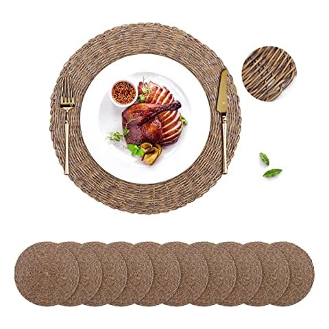 GFWARE 15in Woven Placemat Round Set of 10, Large Wicker Charger Table Mats Heat Resistant Rattan Thick Rustic Hand-Braided for Kitchen Dining Wedding Restaurant Farmhouse Decoration Brown Cover