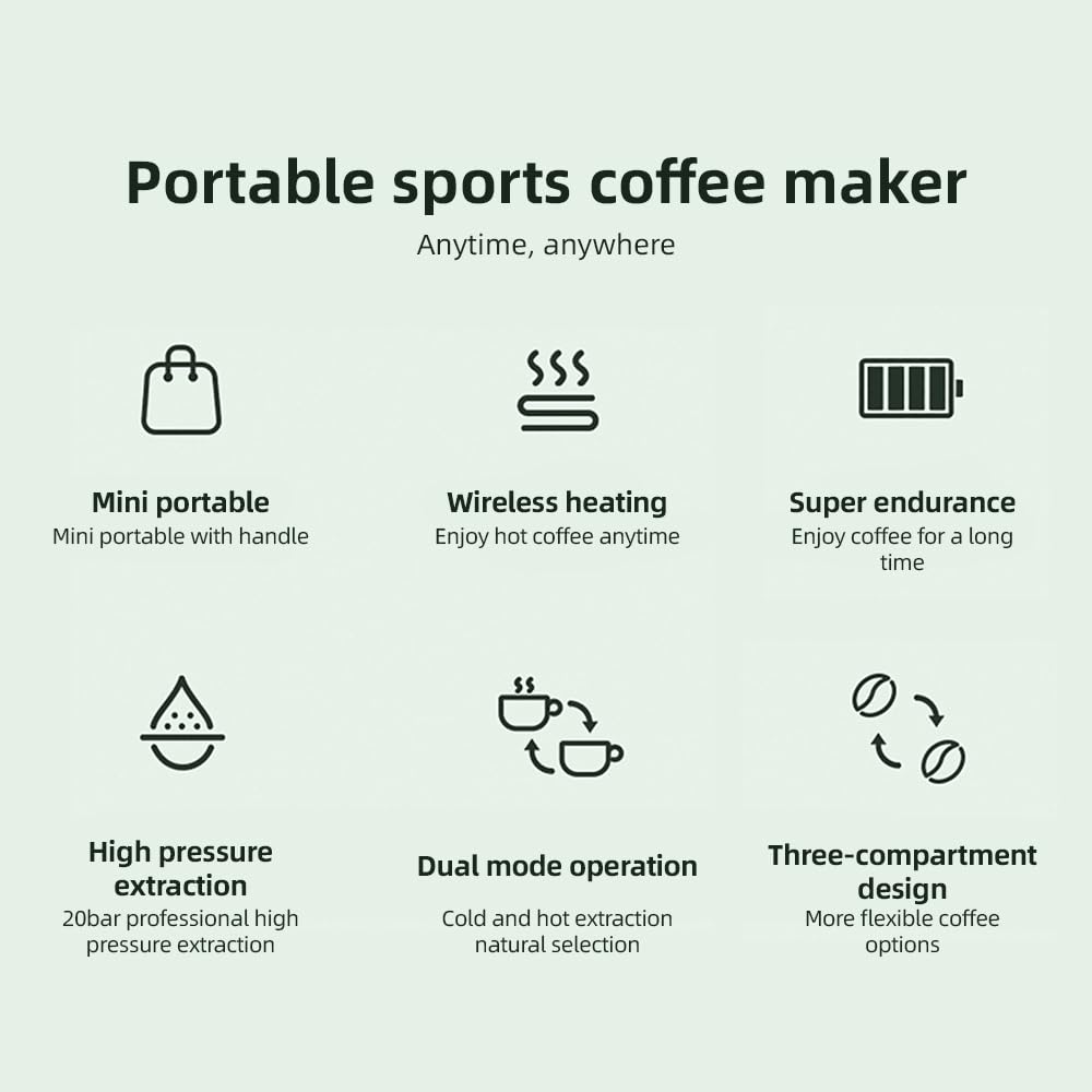 Cafetera eléctrica portátil inalámbrica para Preparar café en frío y Caliente, monodosis, con batería Recargable 3 en 1 de 9600 mAh y 20 Bares.