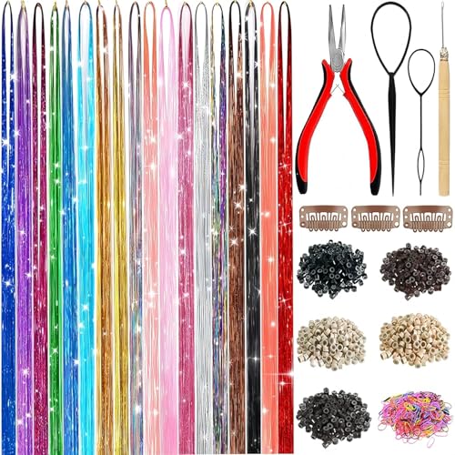 Hair Tinsel 18 Colors Hair Tinsel Kit for Girls 7600 Strands Fairy Tinsel Hair Extensions Holographic Hair Tinsel Heat Resistant Colored Hair Glitter Christmas Party Festival (18 Colors)