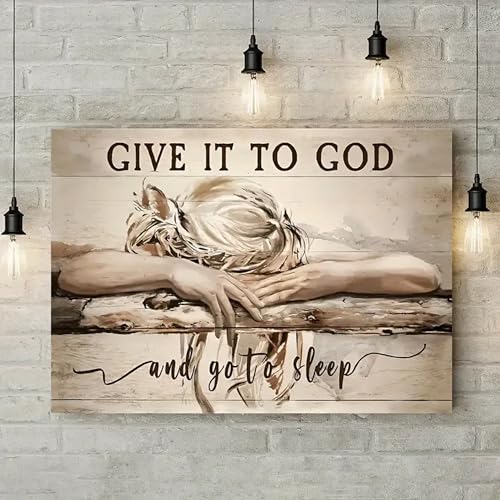 Give It to God and Go to Sleep Canvas Wall Art Premium 300GSM Canvas with Solid Pine Wood Frame Compact 15.7x11.8 Inch Bedside Bedroom Wall Art Christian Anxiety Relief Decor Ready to Hang