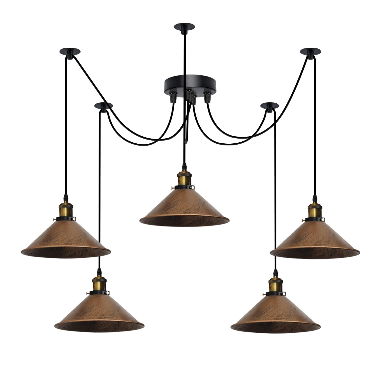 DC VOLTAGE 5 Head Pendant Light E27 Metal Cone Shades 2m Adjustable
