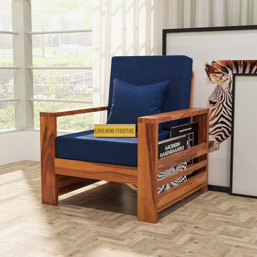 Image of Sheesham Wooden 1 Seater Sofa for Living Room | Rosewood 1 Seater Cushion Sofa with Side Rack | Solid Wood Sofa Set for Lounge (1 Seater,Honey Finish)