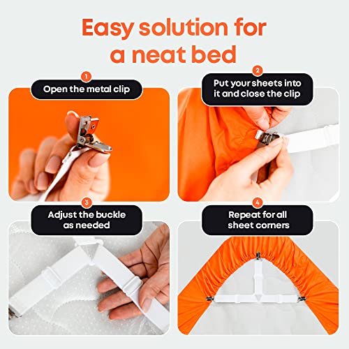 Bed Sheet Straps Set 8 Pcs - White Sheet Holders For Corners - Full Mattress Cover Fitted Sheet Clips To Hold Sheets In Place - Premium Nickel-Plated Bed Sheet Clips With Adjustable Bed Bands #TOP3