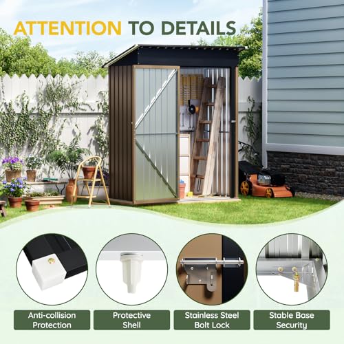 Image of 5x3FT Vertical Outdoor Steel Storage Shed, Lockable Doors, Compact Metal Tool Shed for Garden, Backyard, Patio, Utility, and Bike Storage,Brown