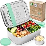 Everusely - Boîte à bento pour enfants - Vert - 1,1 L - Boîte à lunch en acier inoxydable avec récipient à condiments étanche - Boîte à goûter à 3 compartiments