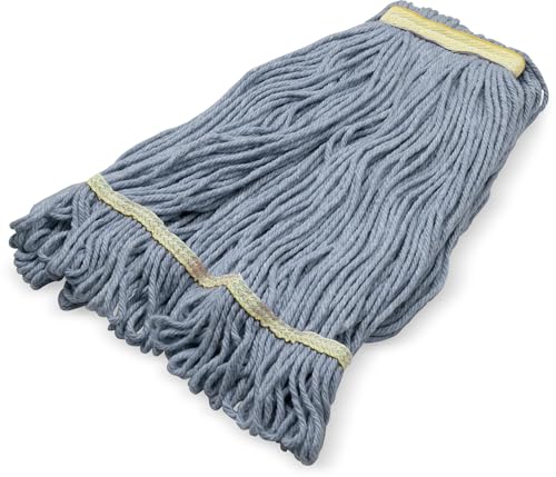 Image of SPARTA Flo-Pac Acrylic Mop Head, Loop-Ended, Narrow Band with 1 inch Yellow Band for Organized Cleaning, Small, Blue (Pack of 3)