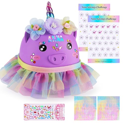 Piggy Bank for Kids Girls, Unbreakable Money Coin Bank with Flower Alphbet Sticker and Money Saving Challenge Cards