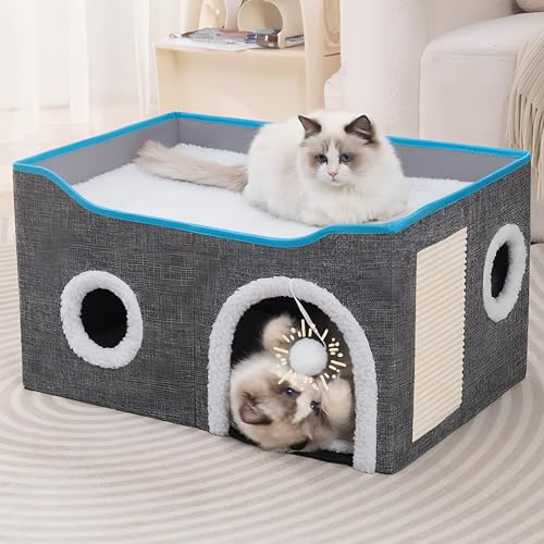 Loyareal Cat Houses for Indoor Cats - Large Cat Bed Cave with Scratch Pad and Fluffy Ball, Foldable...