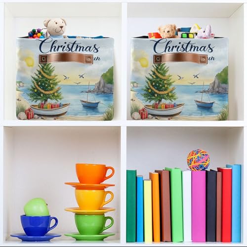 Image of Christmas Beach Time Storage Basket with Waterproof Liner and PU Handles Xmas Tree Summer Theme Storage Bins Boxes 14.2 inch Collapsible Decorative Organizer Baskets for Bedroom Closet Office 2 Pack