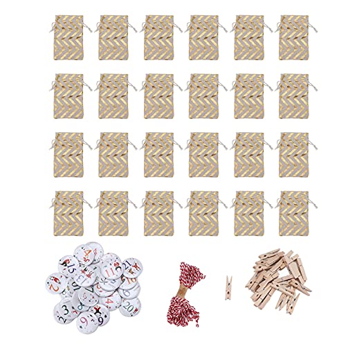 24 Uds Bolsas Colgantes de Navidad Bolsas de Lino con cordón Bolsas con Clips para Envolver Dulces Suministros de Fiesta (Términos de lotería)