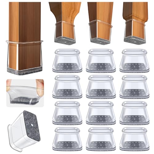 32 Piezas Protectores para Patas de Sillas Rectangulares, Fundas de Silicona Transparente con Fieltro, Protectores antirrayaduras para Muebles (Ancho 19-25mm,Longitud 28-38mm
