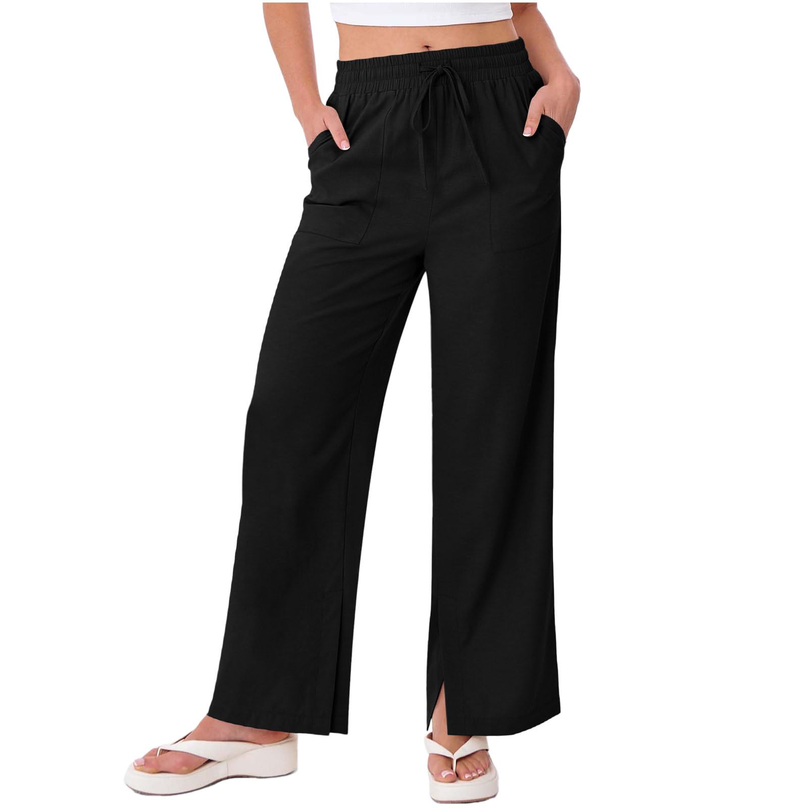 Womens Linen Wide Leg Palazzo Pants High Waisted Split Hem Casual Lounge Pants 2026 Spring Summer Vacation Trousers