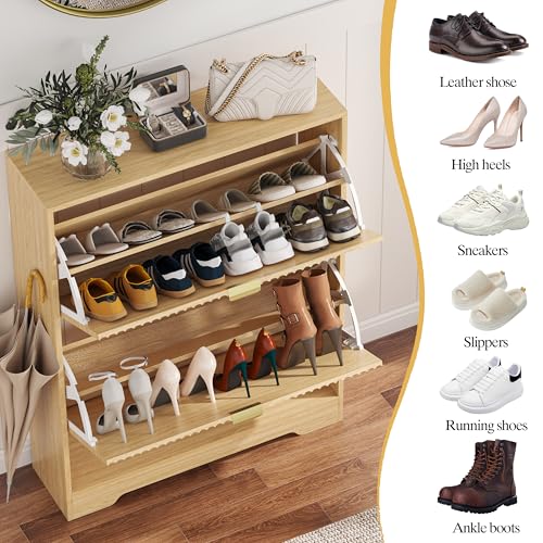 Image of HUANLEGO Shoe Cabinet Storage for Entryway with 2 Flip Drawers, Fluted Shoe Cabinet with Open Storage, Wooden Hidden Shoe Rack Freestanding Narrow Slim Shoe Organizer for Hallway, Entrance