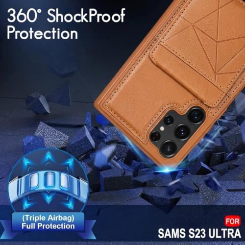Image of amazon basics Premium Vegan Leather Back Cover with Card Holder and Integrated Mobile Stand for Samsung Galaxy S23 Ultra 5G - Slim Shockproof Wallet Case with Geometric Stitching [Tan]
