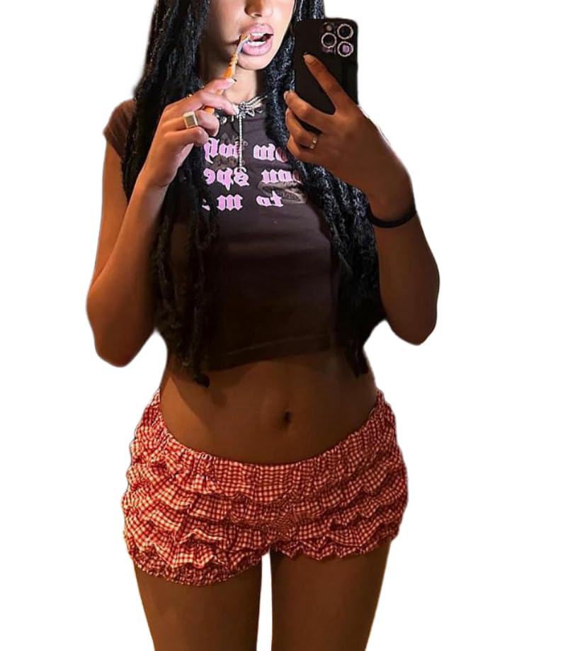 Image of Yuemengxuan Women Y2k Ruffle Shorts Ruched Plaid Shorts Micro Shorts Pajama Bottoms Y2k Cute Fairy Lace Edge Pettipants