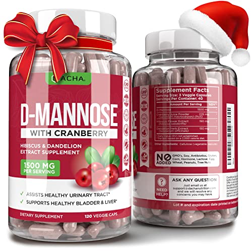 Natural D-Mannose Capsules 4-in-1 Formula - 120 CAPS, 1500 MG Cranberry, Dandelion, Hibiscus Flower Extract, Fast-Acting Pills for Bladder Health, Urinary Tract Infection UTI Support Flush Impurities
