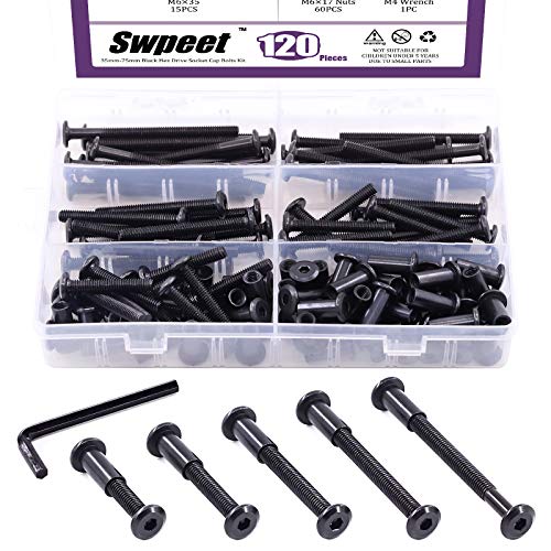 Swpeet 120Pcs M6x35mm/45mm/55mm/65mm/75mm Carbon Steel Black Hex Drive Socket Cap Bolts Barrel Nuts Kit with 1Pcs Allen Wrench