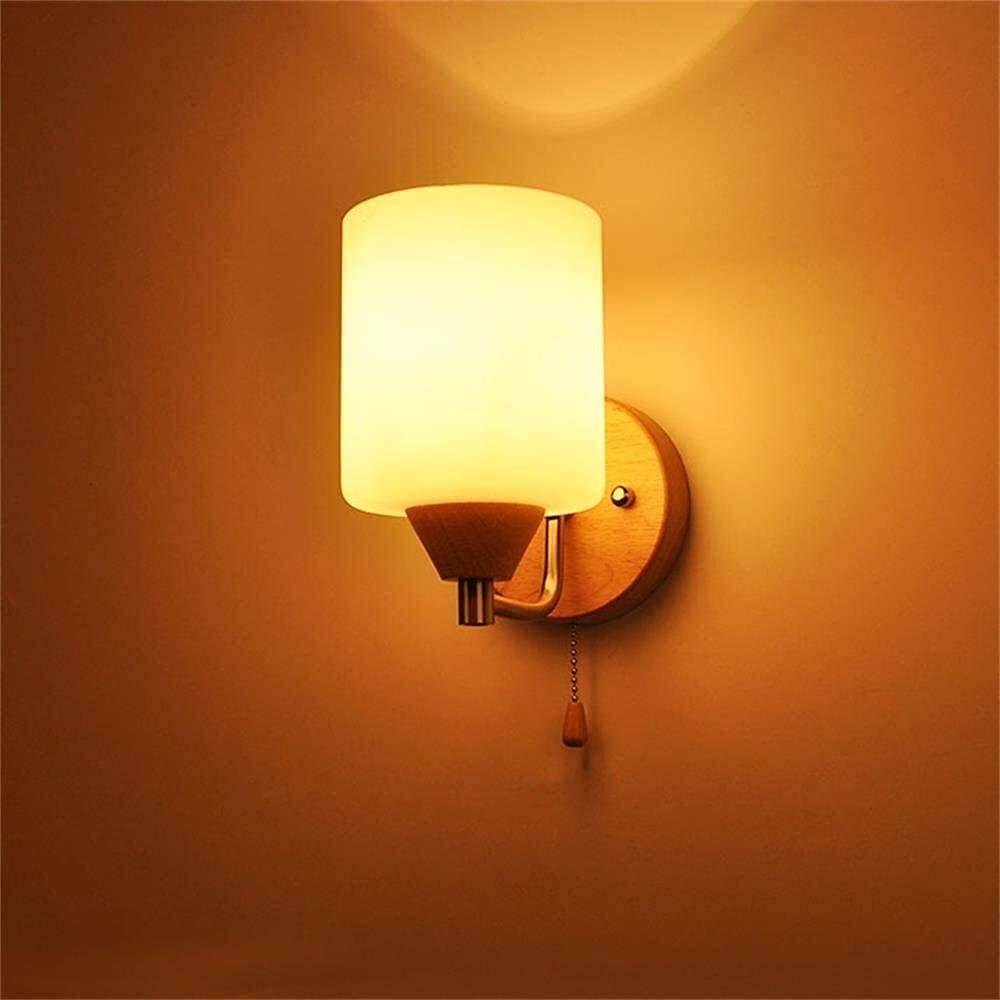 Lámpara de pared de madera para leer en la cama con interruptor de tirón