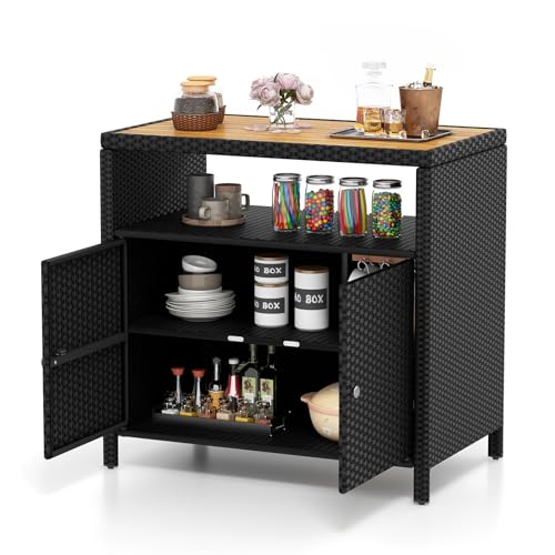 COSTWAY Armario Baja Exterior de Ratán, Armario terraza con Compartimento Abierto y Gabinete Cerrado, Aparador de Mimbre de 2 Puertas Terraza Jardin Exterior, 90 x 53 x 86 cm (Negro)