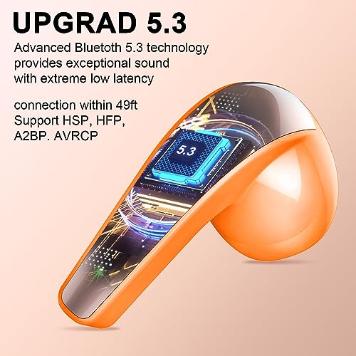 BESNOOW-Auriculares-Inalambricos-2023-Mini-Auriculares-Bluetooth-53-con-HD-Microfono-Cascos-Inalambricos-Sonido-Premium-Inmersivo-LED-Pantalla-40H-Control-Tactil-Wireless-Earbuds-Naranja