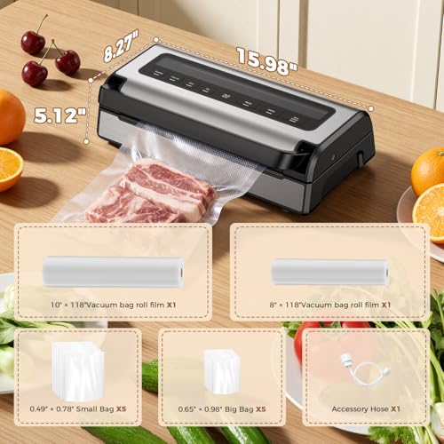 Image of Vacuum Sealer for Food, Complete Starter Kit Includes 2 Rolls & 10 Bags, All-in-One Automatic Food Sealer machine with Built-in Cutter & Bag Storage, Powerful Motor for Dry /Moist /Canister Sealing